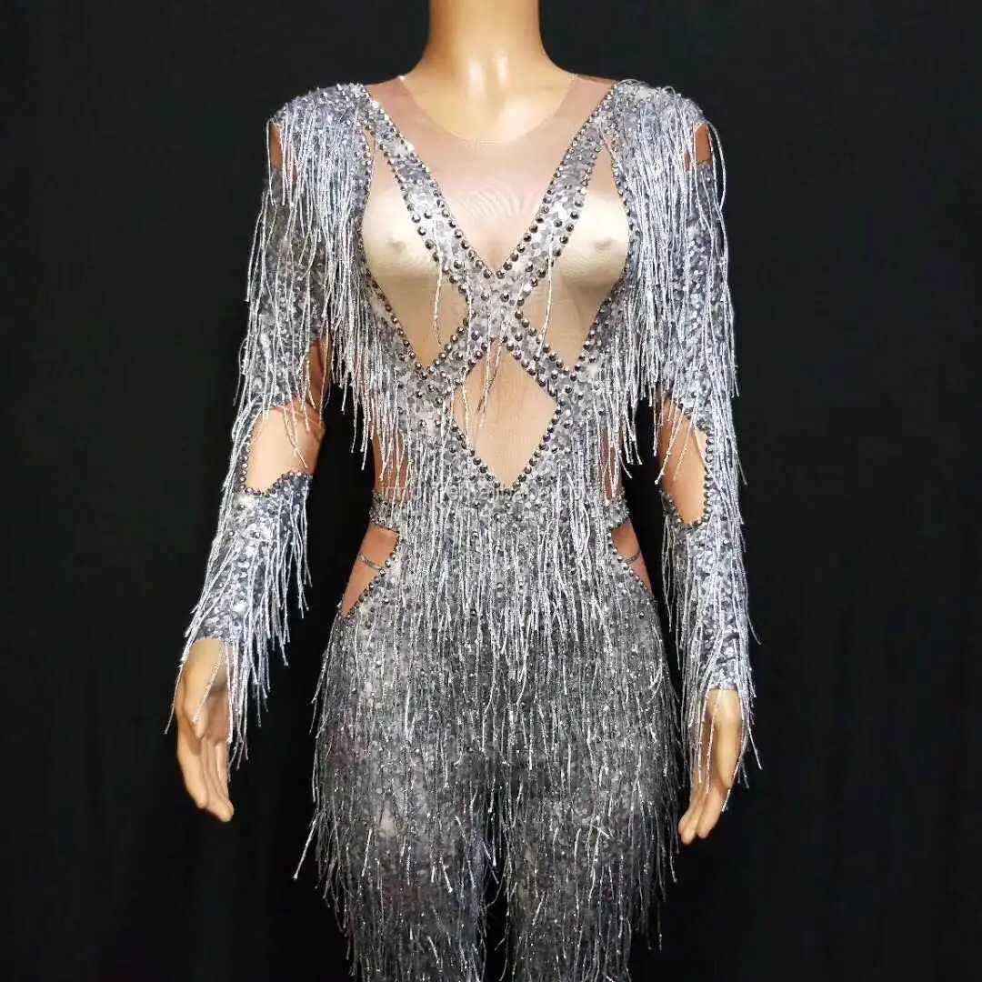 

Women Tassel Long Sleeves Rhinestone Jumpsuit Sexy Tight Fitting Bodysuit Celebration Occasion Singer Stage Outfits Leotard