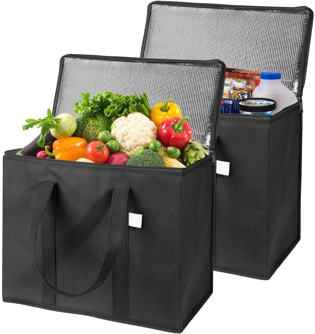 

2021 Fashion Large Waterproof Polyester Black Insulated Recycled Folding Shopping Bag with Zipper, Can be customized