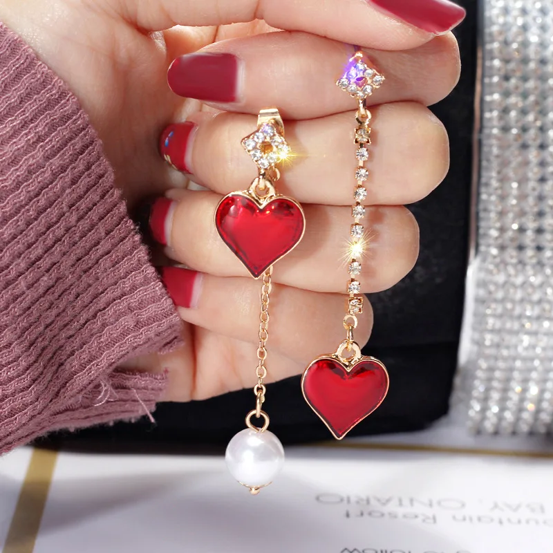 

fashion trendy asymetry crystal drop earrings red heart