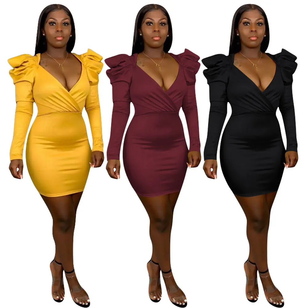 

91103-MX35 sexy v neck ruffles shoulder pencil women dress sehe fashion