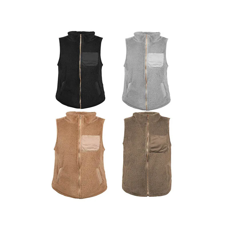 

RTS solid color o-neck zipper winter fleece women vest outwear clothing 2020 with pocket, As picture show