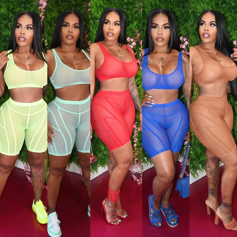 

XLL-fitness patchwork see-through mesh two piece sets shorts sexy outfits women, As picture or customized color