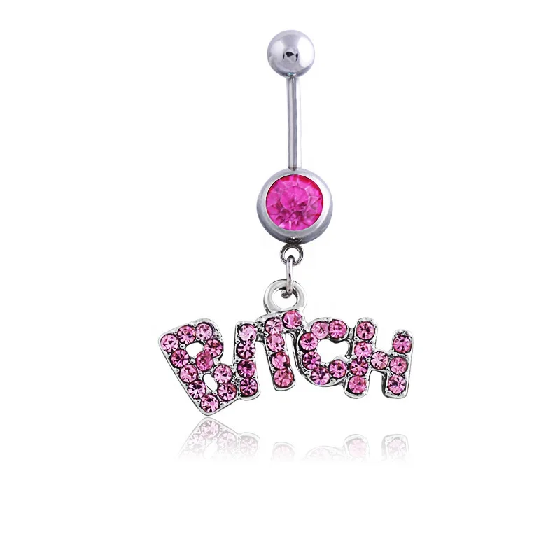 

SUNRAIN Sexy Party Body Jewelry Pink Crystal Letter Bitch Stainless Steel Initial Letter Belly Button Ring Navel Rings Piercing, As the picture show