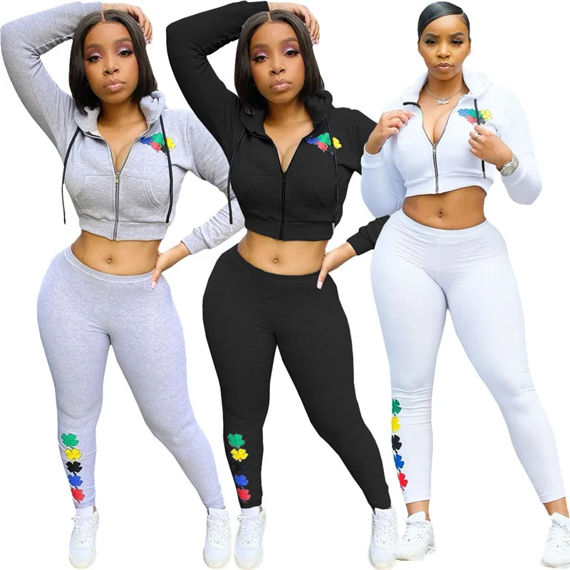 

2 Pieces Sport Suit Set for Women Flower Printed Female Clothes Zipper Up Hoodies Coats Pants White Black Street Wear