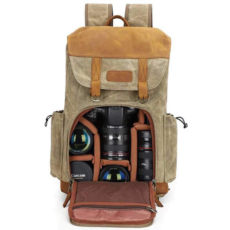 Camera Rugzak Lederen Canvas Tas Fotografie Rugzak Waterdichte Dslr Slr