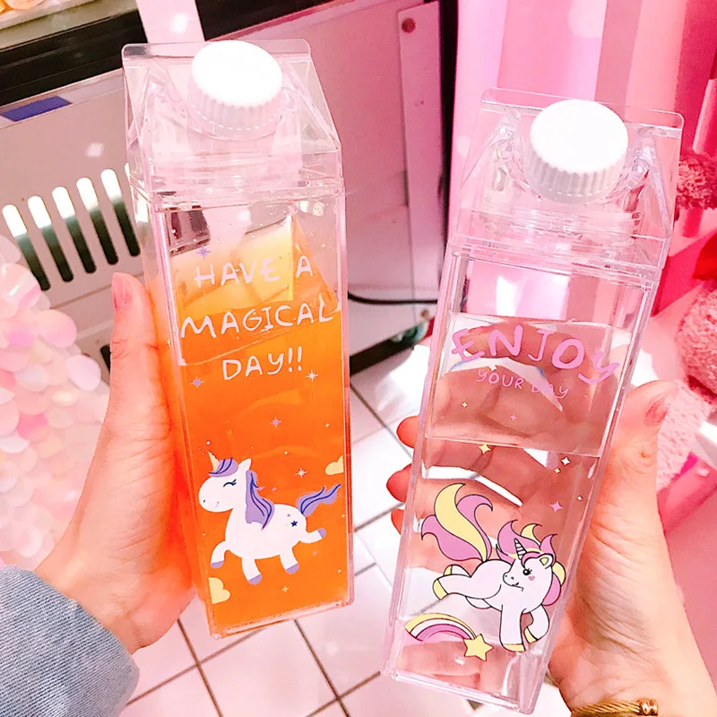 

Feiyou wholesale new 500ml milk carton water bottle eco cute cartoon unicorn square clear plastic juice bottles, Color as pictures