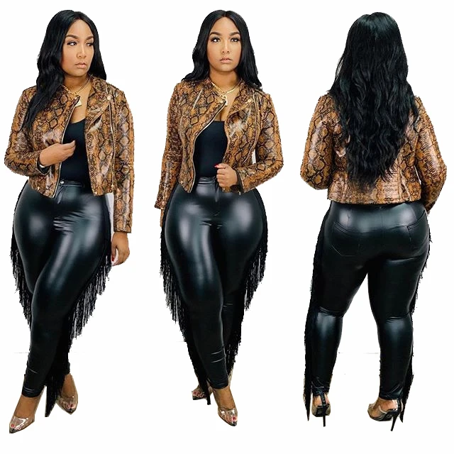 

2021 high quality women clothing new design stretch leather fringed pencil trousers long streetwear women's plus size pants