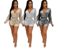 

Hot sell stylish sexy street hipster romper women V neck sequin long sleeve club party jumpsuit FM-Q379