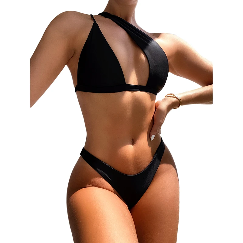 

custom logo label tag 2021 bikini one shoulder swimwear designers swimsuit black bathing suits for women, Solid