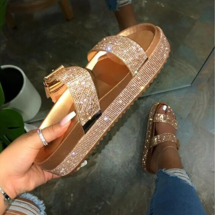 

Summer plus size rhinestone slippers platform women's shoes, Beige, pink,blue