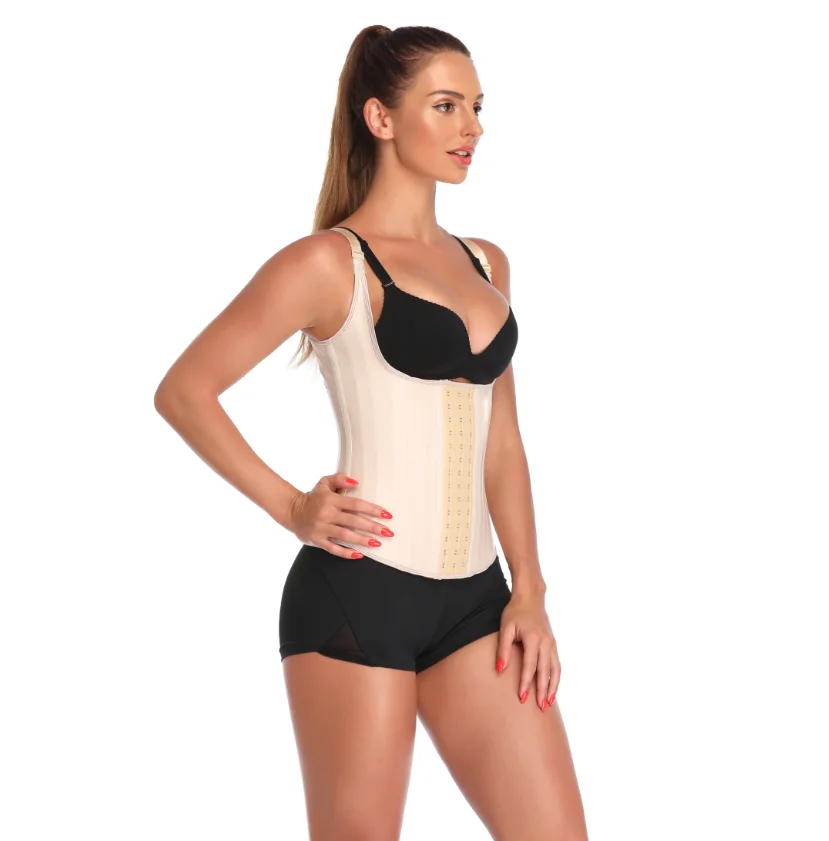 

Women Latex Plus Size 6XL 25 Steel Bone Slimming Body Waist Trainer Vest with Hooks, Black, nude