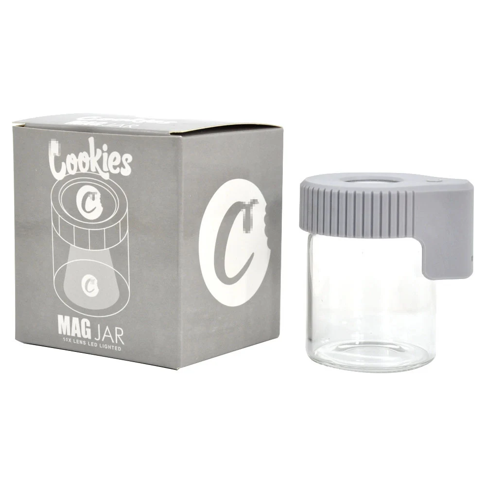 

Fast Shipping Cookie Glass Jar Herb Tobacco Container Smell Proof LED Magnifying Weed Glass Jar