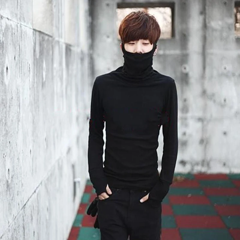 

Autumn and winter Korean top fashion men's high collar Mittens Warm T-Shirt Large thickened long sleeve sleeve finger base shirt