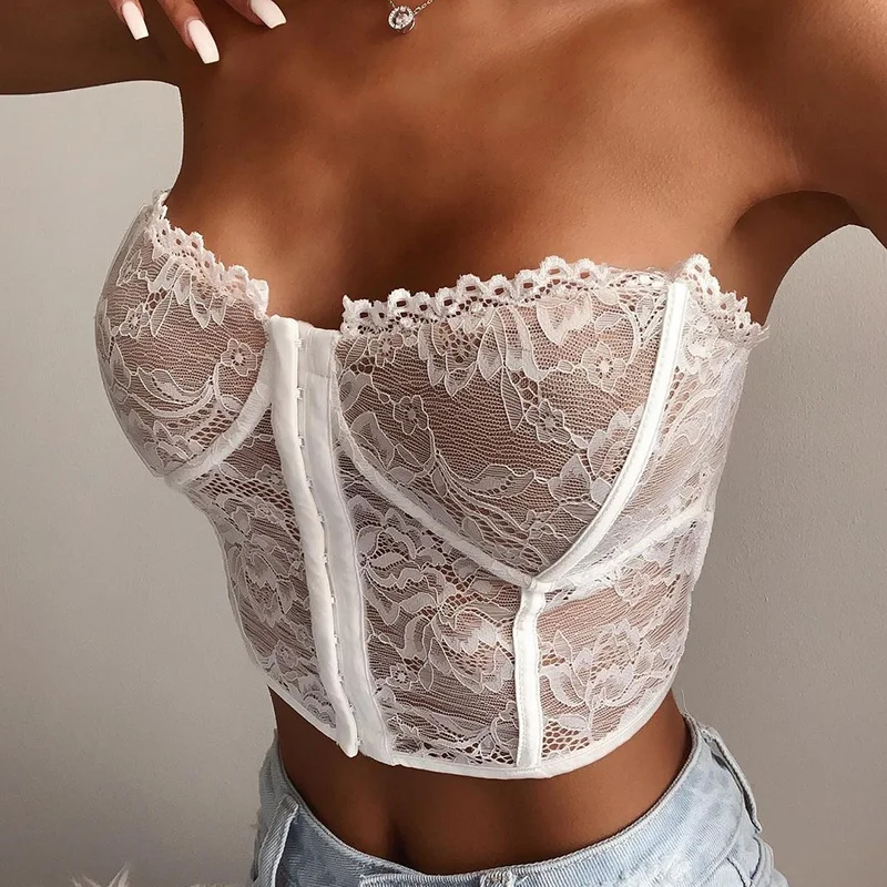 

2021 new arrival fashion women clothing sexy short lace tank top strapless solid crop tank tops