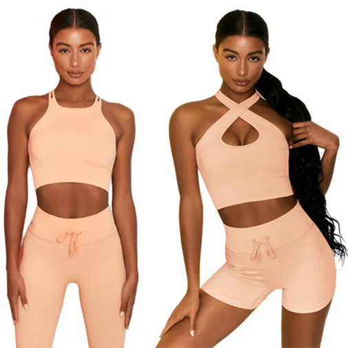 

2022 New Candy Color Yoga Gym Fitness Sets Long Sleeve Crop Top Two Piece Yoga Activewear Set For Women, 8 colors