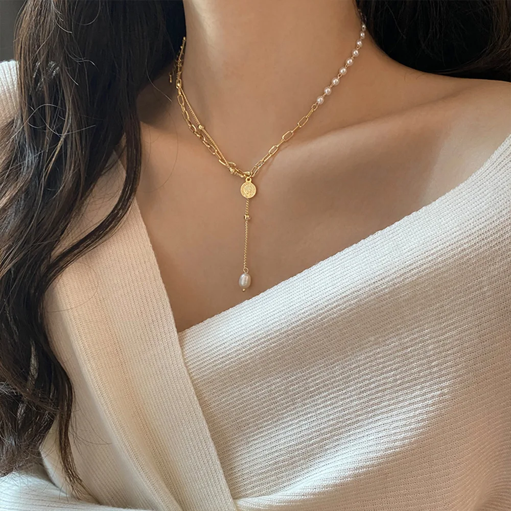 

INS stack wearing gold and pearl necklace niche design feel 925 silver collarbone chain for women