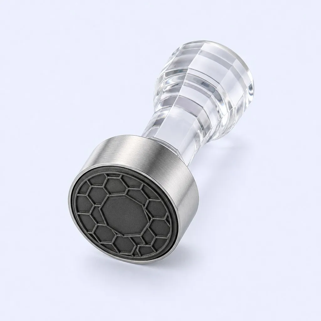 Modern Geometric stamp - clear crystal acrylic handle with brushed silver collar and hexagonal geometric engraving