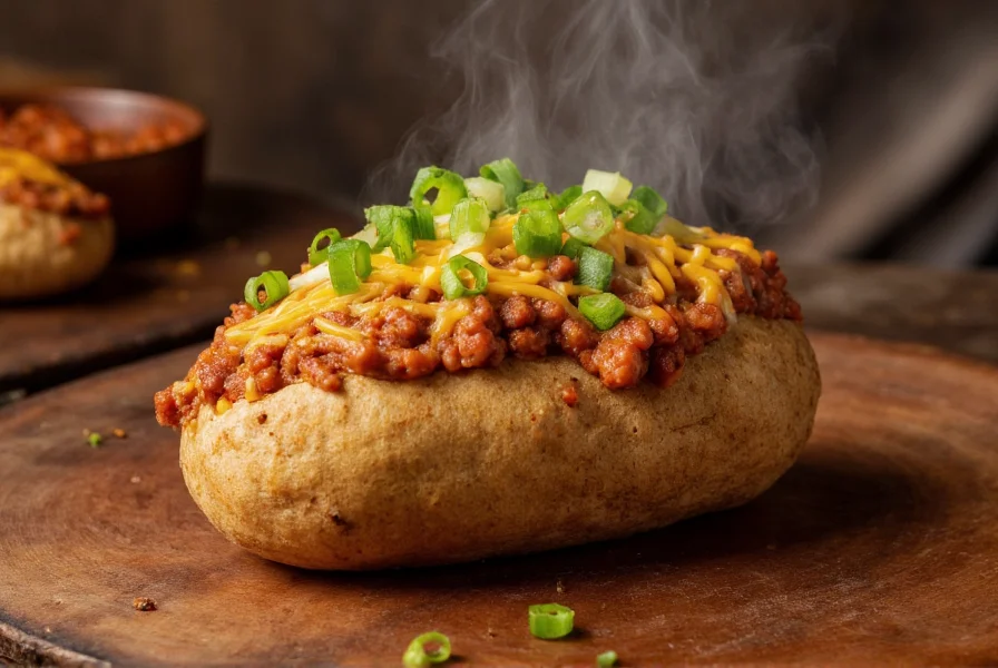 Baked potato topped with steaming chili, melted cheese, and green onions on a rustic wooden table
