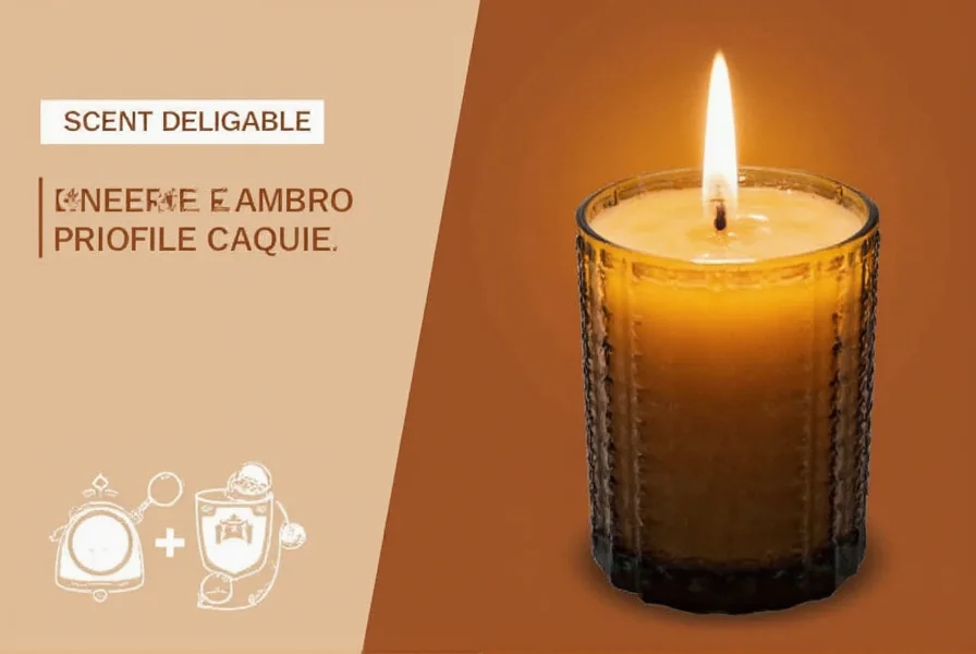 Amber and saffron candle burning in a minimalist ceramic holder on wooden table with soft lighting