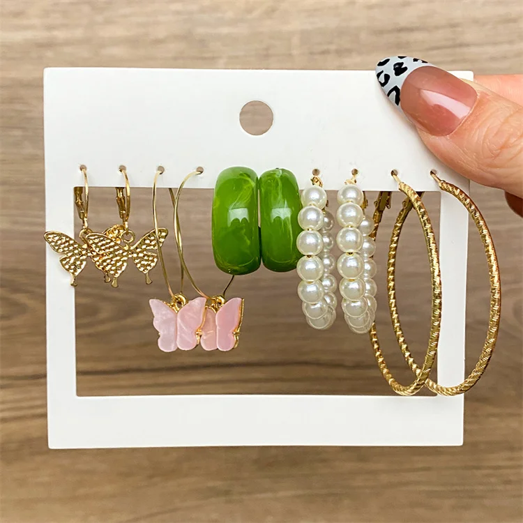 

New Korean Trendy Gold plated Butterfly Drop Earrings Set Acrylic Pearl Dangle Pack Hoop Earrings For Women Jewelry