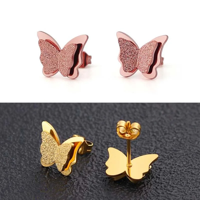 High Quality No Fadeing Allergy Rose Gold Plated Matte Butterfly Ear