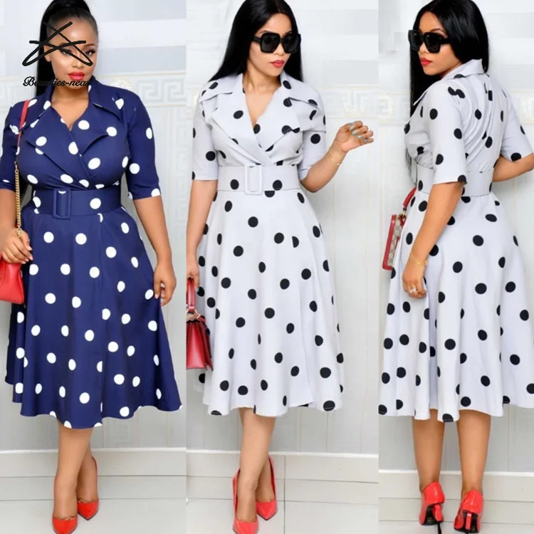 

LD0002 Fashion casual dot lady half sleeve office women dress, White,navy blue