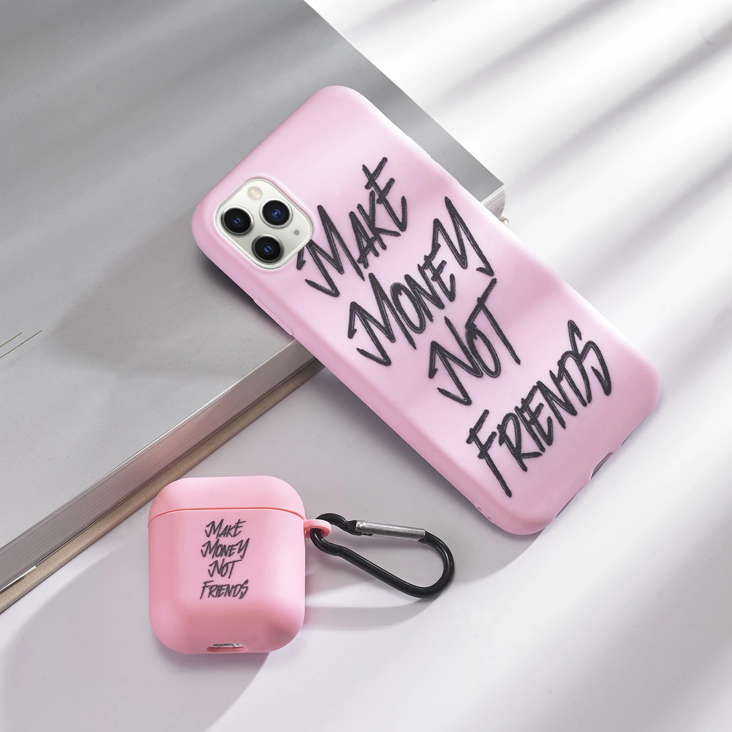 

For Airpod And iPhone Case Set Make Money Not Friends Black Rich Girl Boss Pink TPU Phone Case Earphone Case