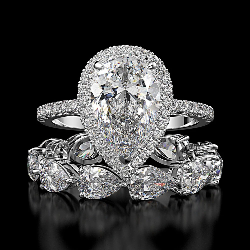 

925 sterling silver big pear shaped cubic zirconia engagement ring set