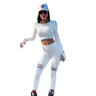 

Fashion Two Piece Set Women Clothing Solid Letter Zipper Crop Top And Ripped Pants Women's Two Piece Pants Set