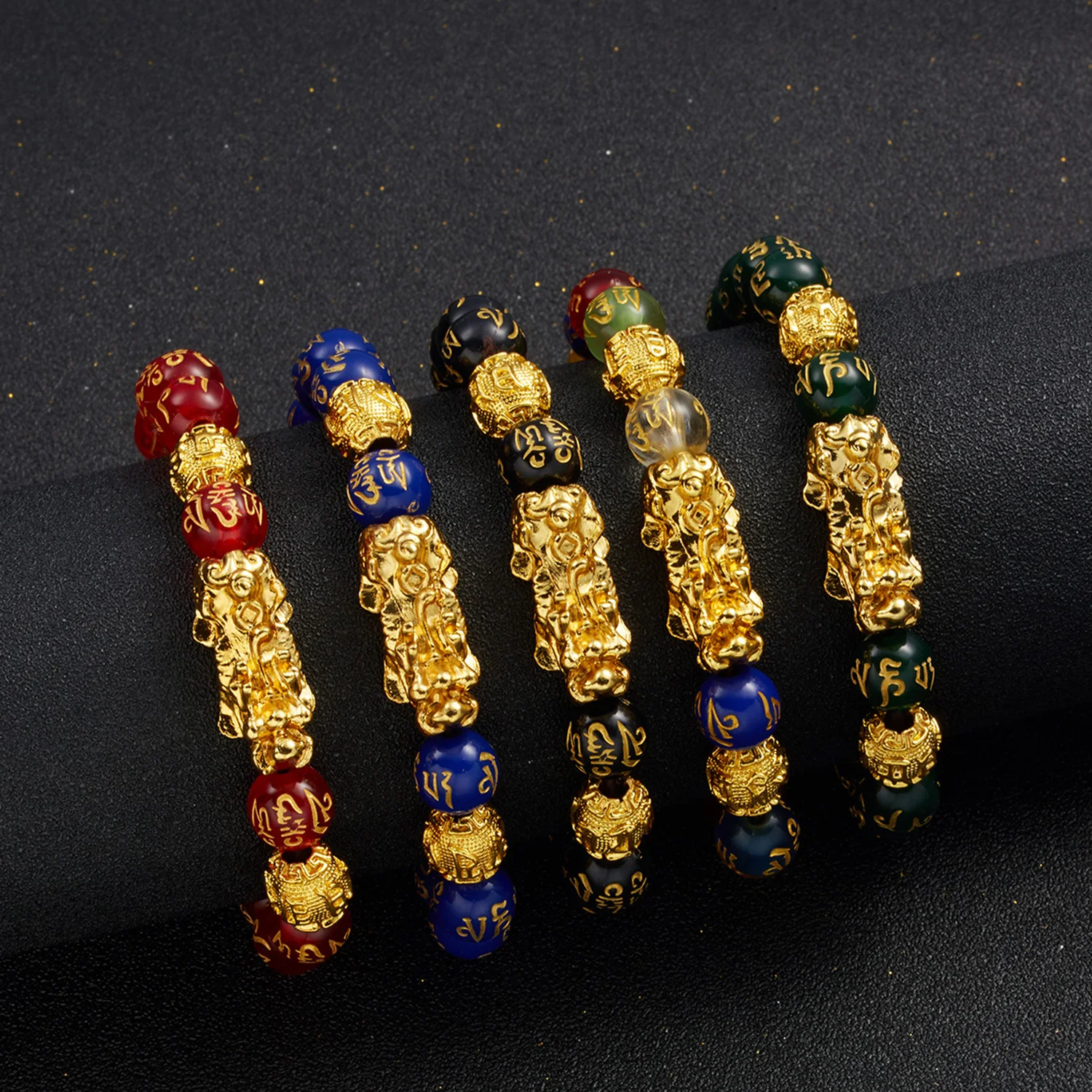 

Bead Bracelet Natural Stone Black Obsidian Pixiu Feng Shui Pi Xiu Good Luck Bracelets Gold Plated Crystal Health Jewelry, Multi-colors