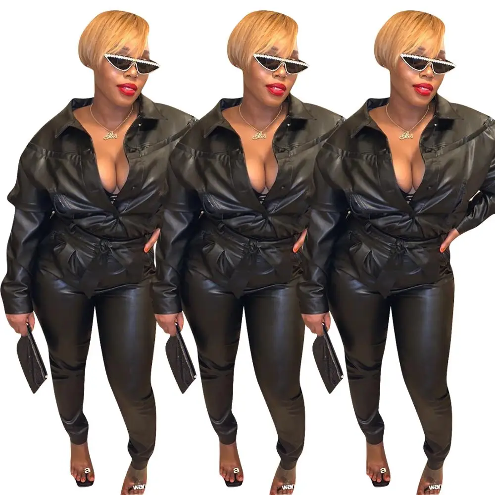 

Ladies Winter sexy PU Leather pants jumpsuit with Belt for women FM-Y8141, As pictures
