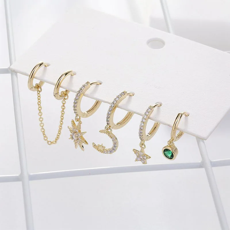 

New Set Cute Star And Moon Small Hoop Earrings Sets Crystal Long Gold Chain Earrings For Women Fashion Jewelry Gift, Gold, silver