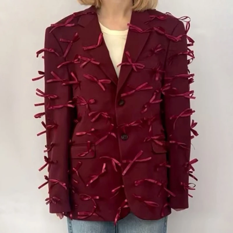 TWOTWINSTYLE Patchwork Bowknot Designer Blazer Spliced Button Fashion Spring Blazer Ladies for Women
