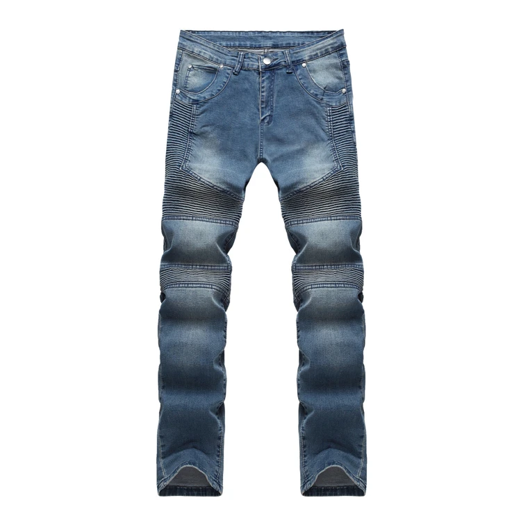 

best quality cotton straight motorcycle jeans pleated stripes slim jeans trousers men, As picture