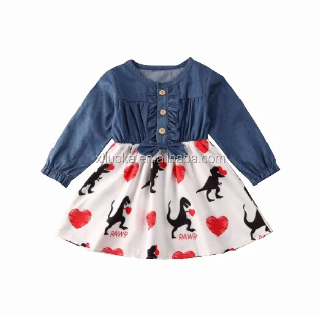 

New long-sleeved dinosaur girl dress baby bow sleeve dress Valentine's Day dress, Picture
