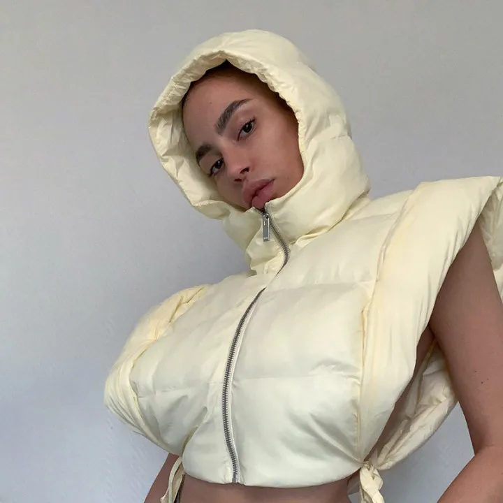 

2021 women sexy sleeveless ladies bubble bomber Solid jacket winter lightweight cotton cropped vest coat