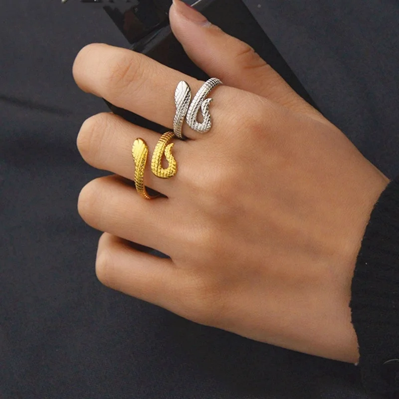 

Cute Animal Jewelry Hip Hop Stainless Steel Bending Snake Gold Plated Statement Female Open Ring Adjustable
