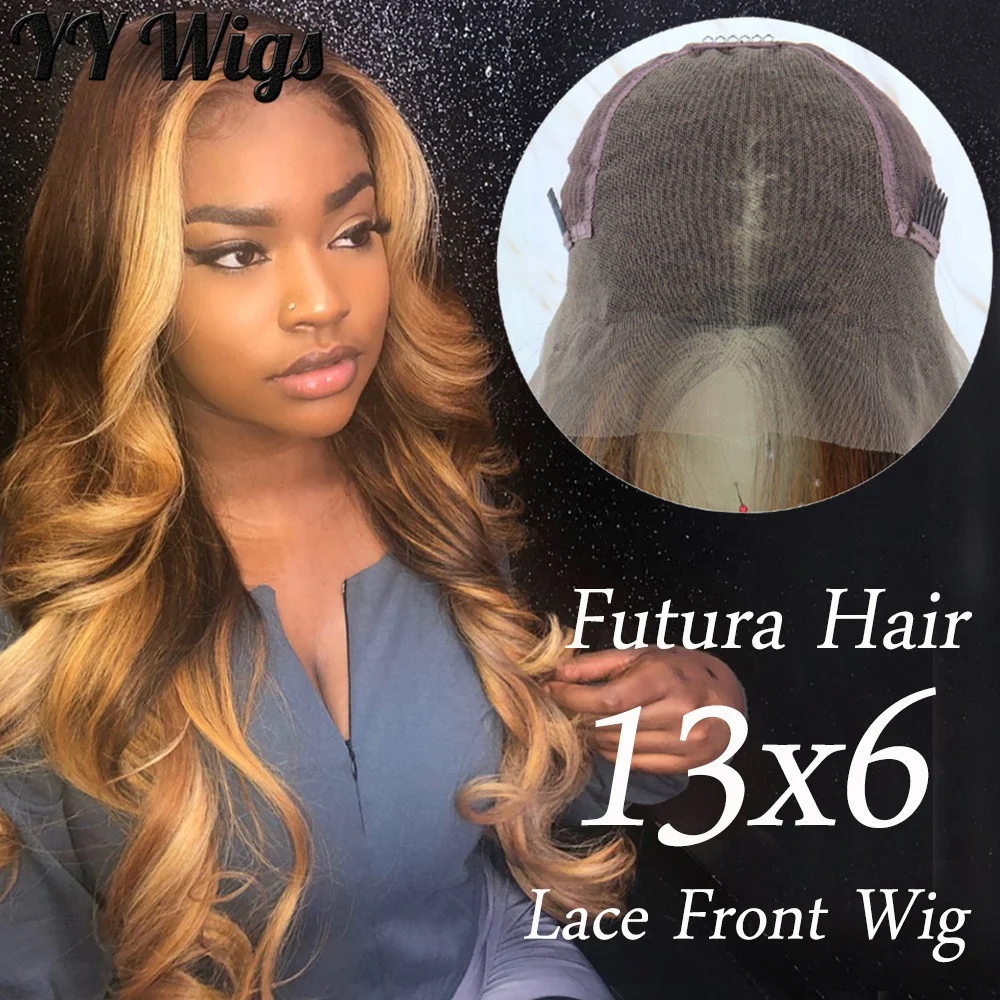

13x6 Futura Synthetic Long Highlights Honey Blonde Ombre Brown Highlight Body Wave Lace Front Wig for Black Women