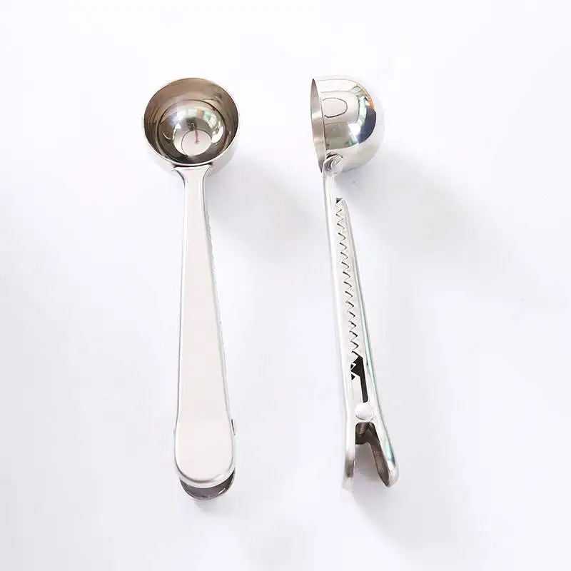 

2-in-1 Measuring Spoon Sealing Clip Coffee Milk Flour Cream Fruit Spoon High Quality Stainless Steel Sealing Clip, Silver