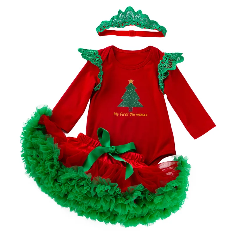 

Ready to ship Lovely Christmas Tree Baby Romper Wholesale Christmas Girl Jumpsuit Overall Kids Clothes 3 Pcs Set, Picture shows