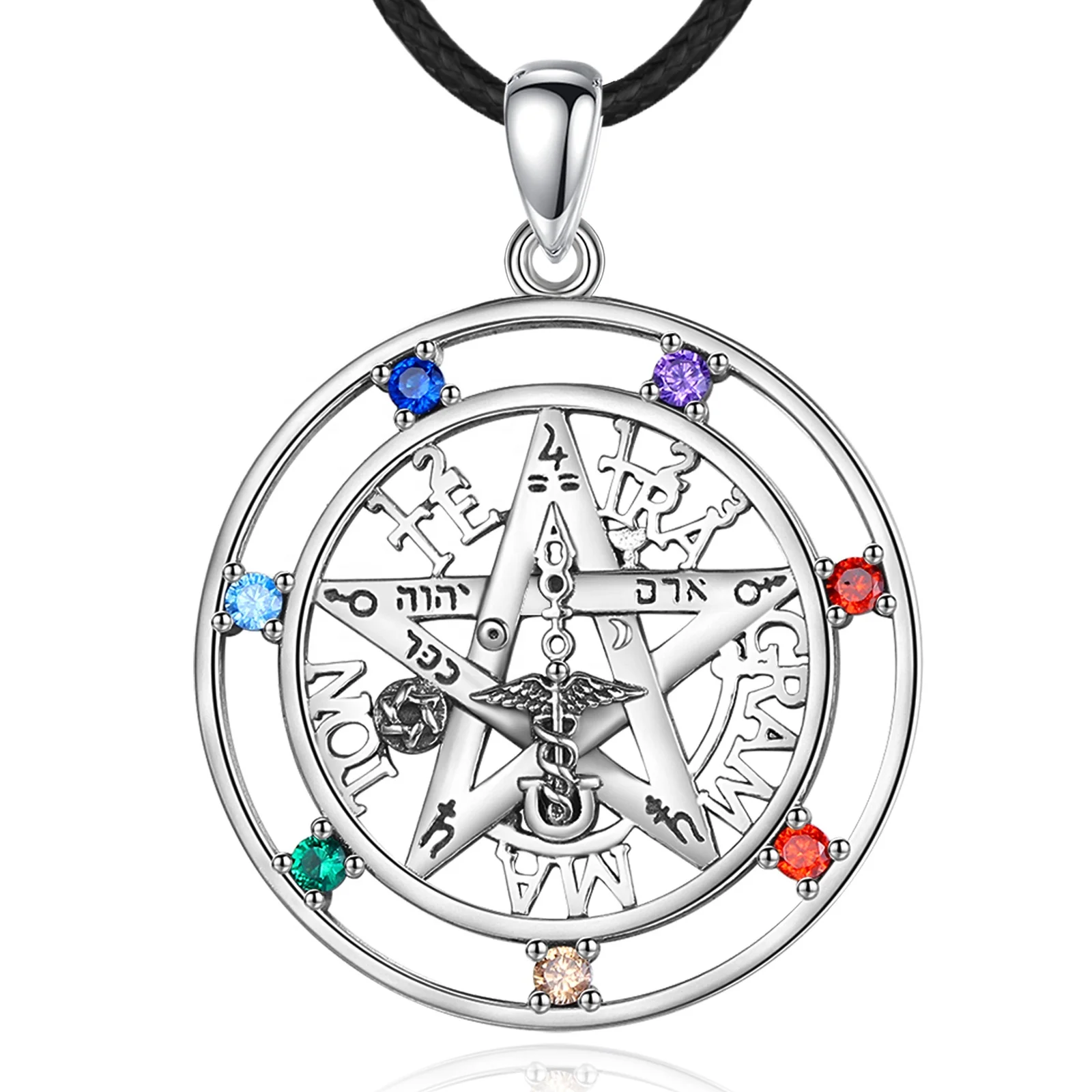 

Fashion 925 Sterling Silver Colorful Cubic Zirconia Jewelry 7 Chakra Stones Tetragrammaton Pentagram Pendant Necklace for Men or