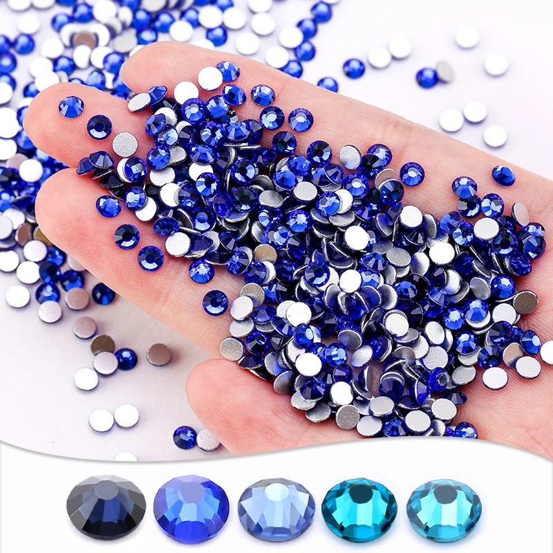 

china Colorful Flatback rhinestone Glass Crystal AB Hot Fix Rhinestones For Crafts Nails in bulk, Blue,purple, sky blue,blue black,light blue