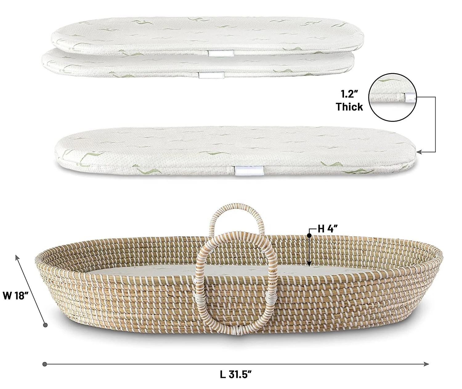 

Natural Handmade Oval Moses Baby Basket Seagrass Baby Changing Basket with Mattress