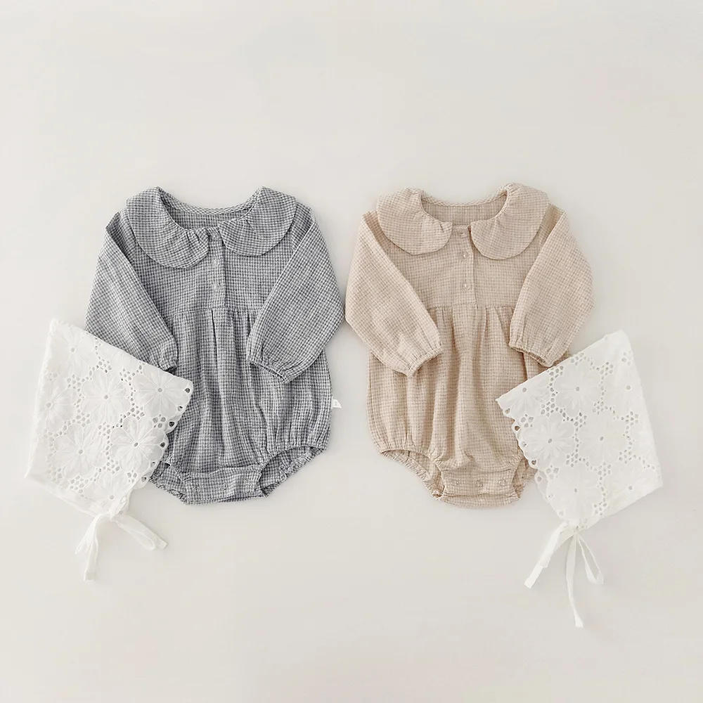 

INS 2020 spring new female baby clothes Lady lapel long-sleeved clothes baby cotton jumpsuit climbing clothes with hair