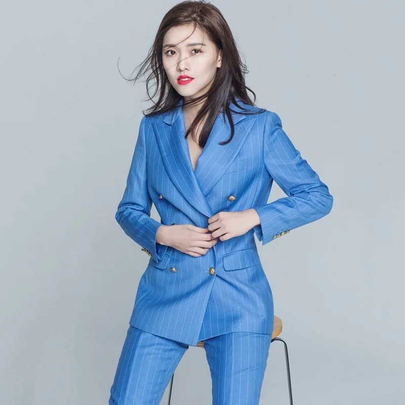 

Women's suit small suit jacket striped English style nine-point pencil pants casual professional suit, Blue