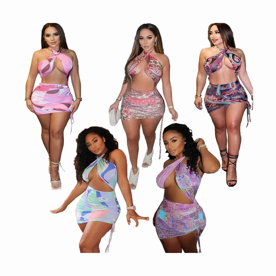 

Foma B9264 Hot Sale 2021 women summer print sexy dresses ladies clothing casual beach tie dye halter backless mini dress, 5 colors