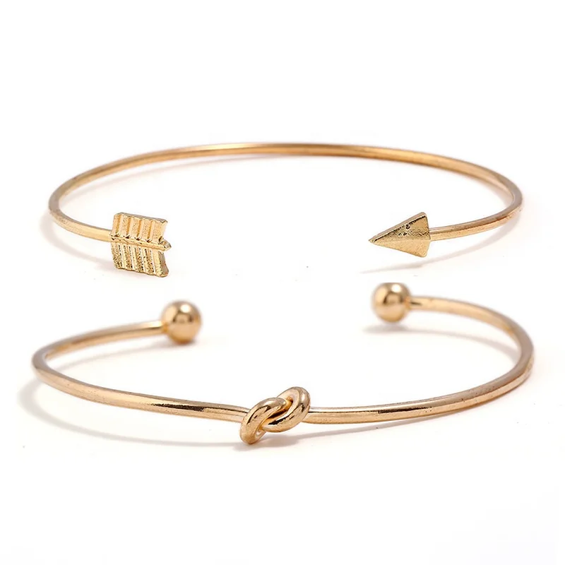 

2pcs/set Geometric Gold Slim Ball End Bangle Simple Adjustable Arrow Knotted Geometric Opening Cuff women Bangle jewelry