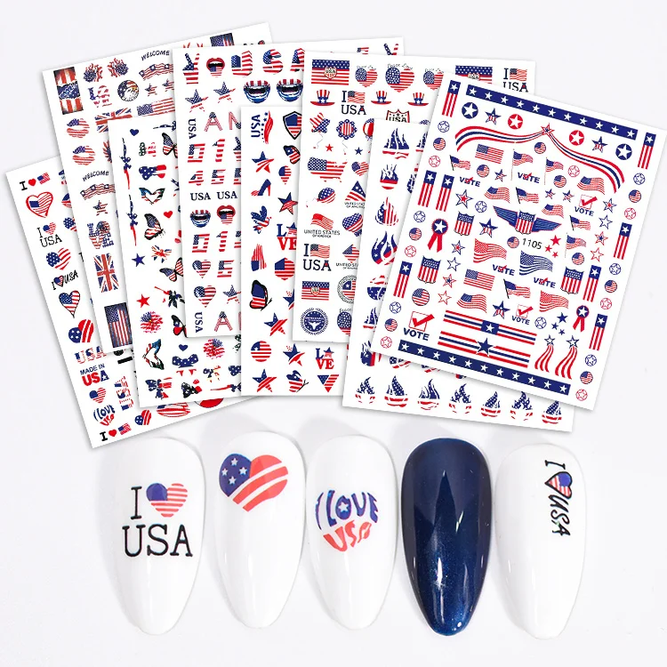 

2021 USA New Nail Art Supplies American Flag Style Adhesive Nail Stickers and Decals For Nail Art Decoration