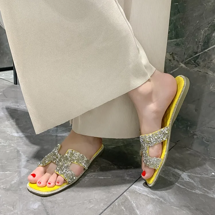 

New style hot selling women's flat elegant crystal Sandals women's casual shoes outdoor daily life women's flat slippers, Blue,black,white,yellow
