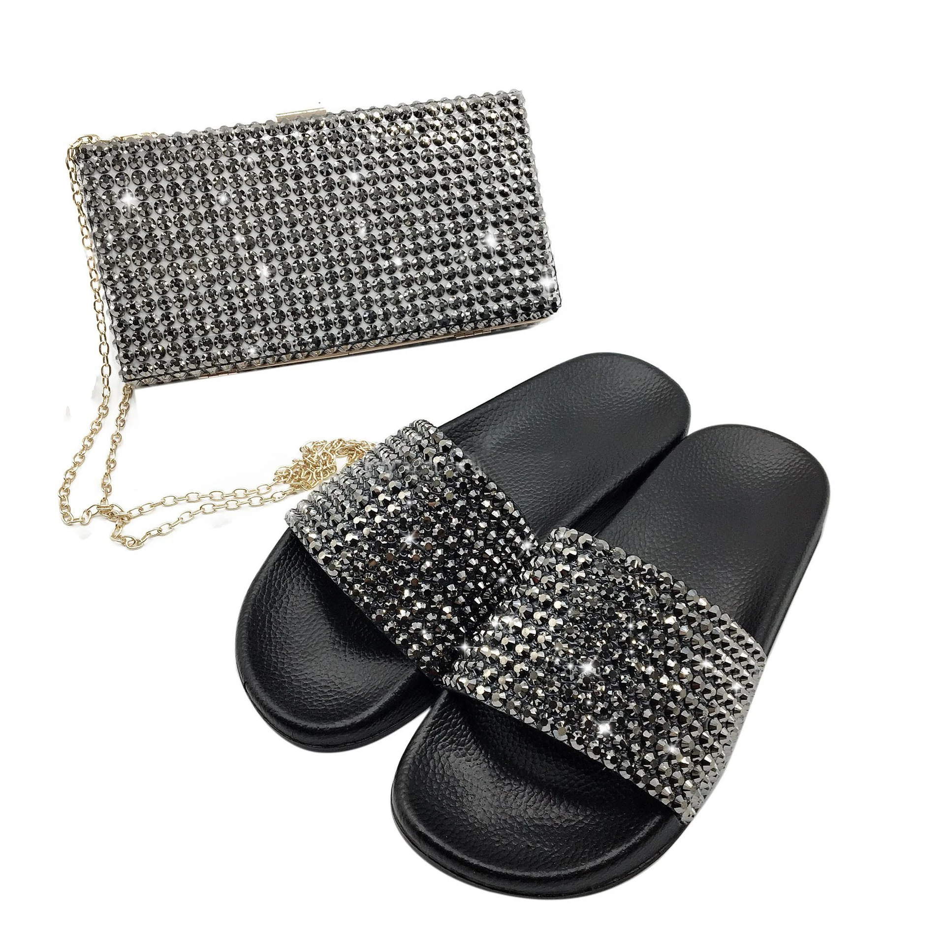 

new fashion slippers and shoulder bags set bling diamond sandals matching handbags set for women, Picture color